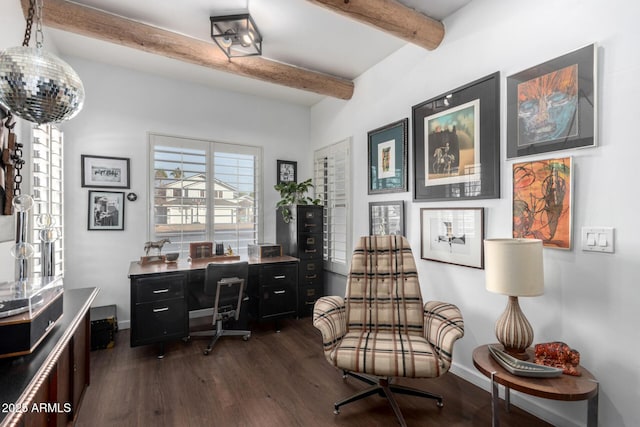 office area featuring dark wood-type flooring and beam ceiling