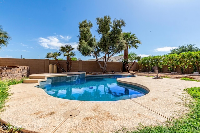 view of swimming pool featuring a fenced in pool, a fenced backyard, and a patio area