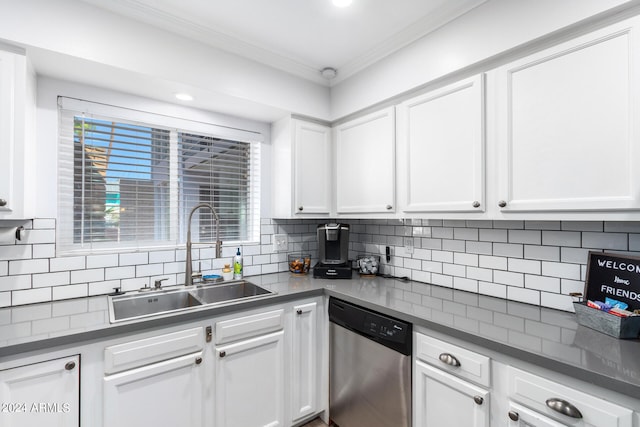 kitchen with crown molding, white cabinetry, backsplash, sink, and stainless steel dishwasher