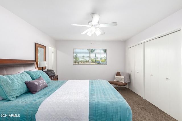 carpeted bedroom featuring ceiling fan