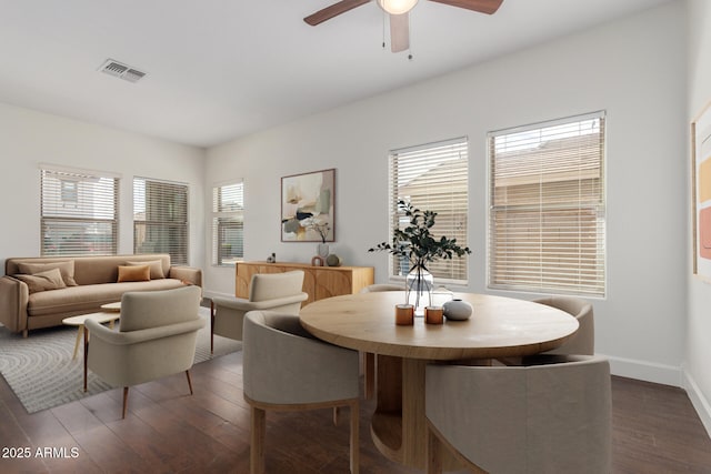 dining room with dark wood-style floors, baseboards, visible vents, and ceiling fan