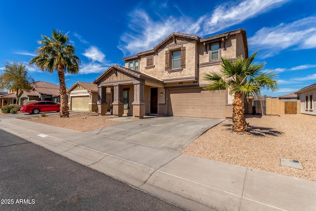 craftsman-style house with a residential view, concrete driveway, a tiled roof, and stucco siding