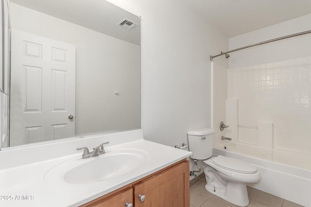 full bath with shower / bath combination, visible vents, toilet, vanity, and tile patterned flooring