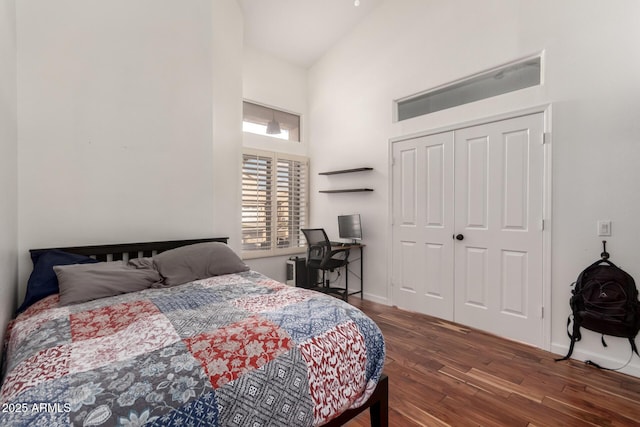 1022 S Butte Ln, Gilbert, AZ 85296 - bedroom with wood finished floors, a towering ceiling, and a closet