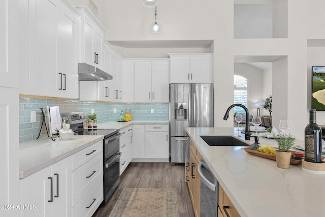 kitchen featuring sink, white cabinetry, appliances with stainless steel finishes, light stone counters, and dark hardwood / wood-style flooring