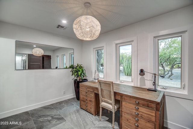 office area featuring plenty of natural light, visible vents, baseboards, and recessed lighting