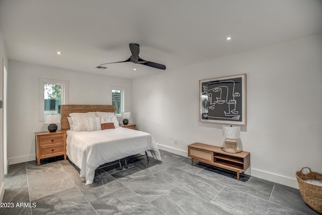 bedroom featuring a ceiling fan, recessed lighting, and baseboards