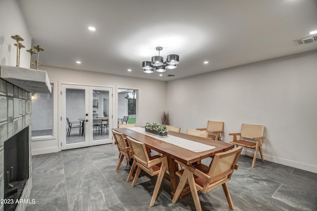 dining room with recessed lighting, visible vents, baseboards, french doors, and an inviting chandelier