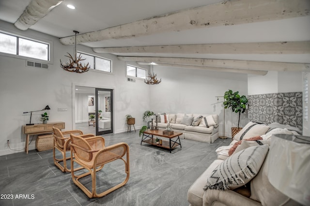 living area featuring baseboards, visible vents, beam ceiling, and recessed lighting