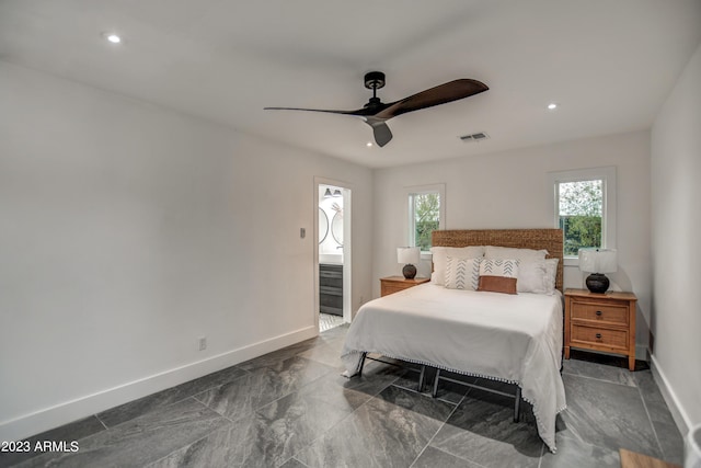 bedroom with a ceiling fan, recessed lighting, visible vents, and baseboards