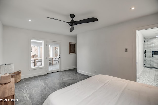 bedroom featuring marble finish floor, baseboards, and recessed lighting