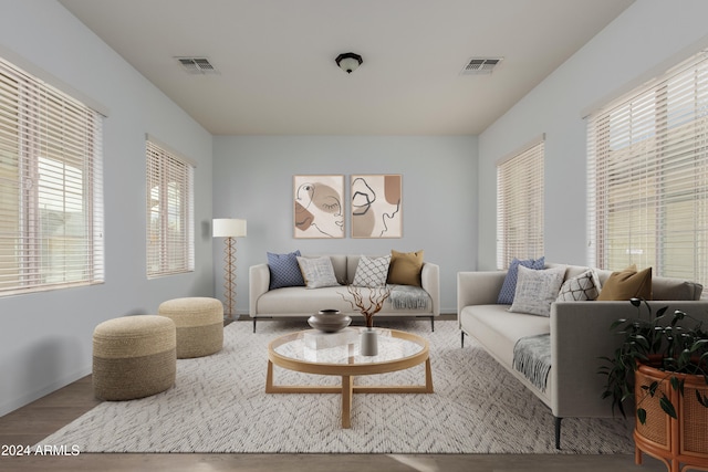 living room featuring hardwood / wood-style floors and a wealth of natural light