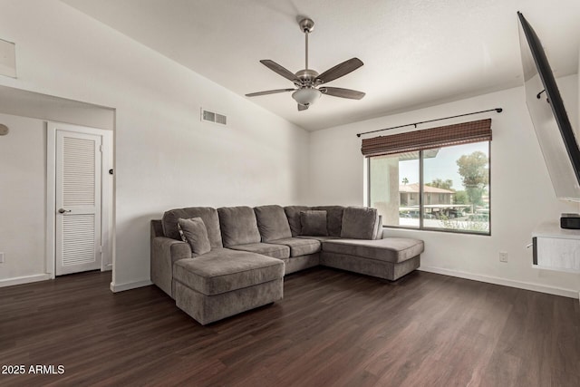 1402 E Guadalupe Rd Unit 234, Tempe, AZ 85283 - living area featuring lofted ceiling, dark wood finished floors, ceiling fan, and baseboards