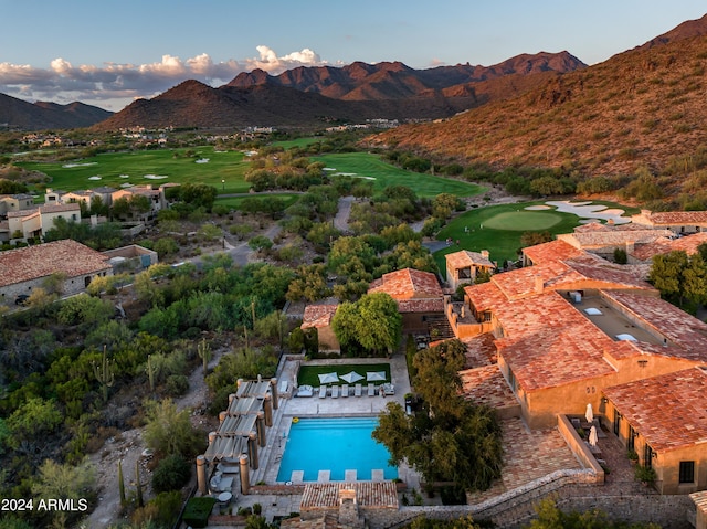 10772 E Canyon Cross Way, Scottsdale, AZ 85255 - view from above of property with a golf course, mountains, and a pool area
