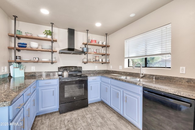 kitchen featuring a sink, electric range, dishwashing machine, and open shelves