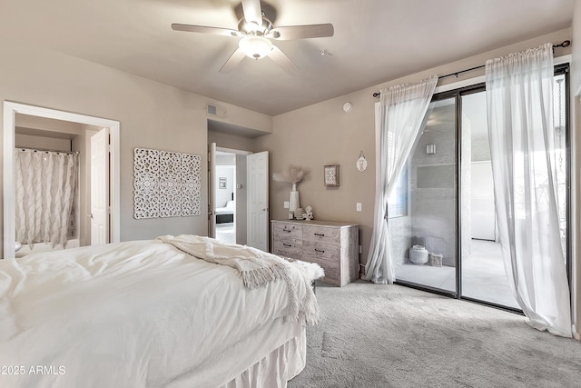 bedroom with carpet, access to outside, visible vents, and a ceiling fan