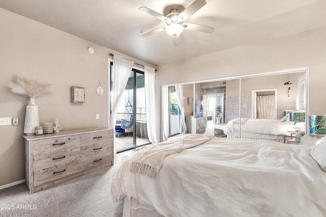 bedroom with access to exterior, baseboards, a ceiling fan, and light colored carpet