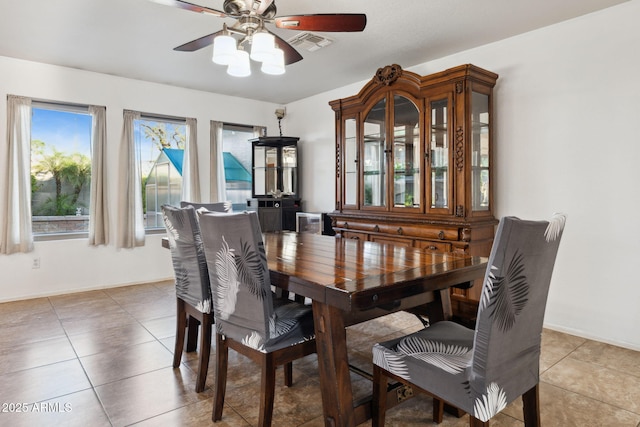 dining room featuring visible vents, ceiling fan, light tile patterned floors, and baseboards