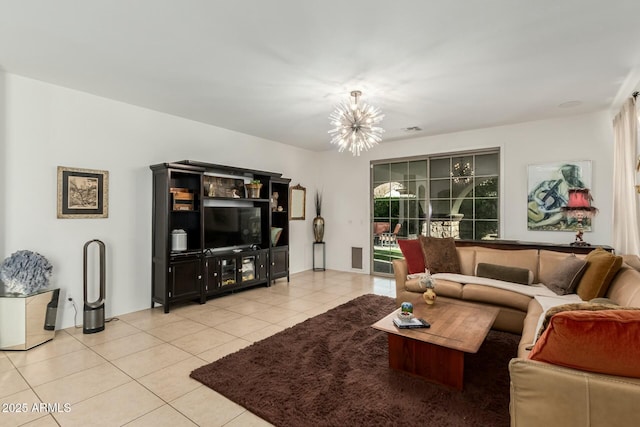 living room with a chandelier, visible vents, and light tile patterned floors
