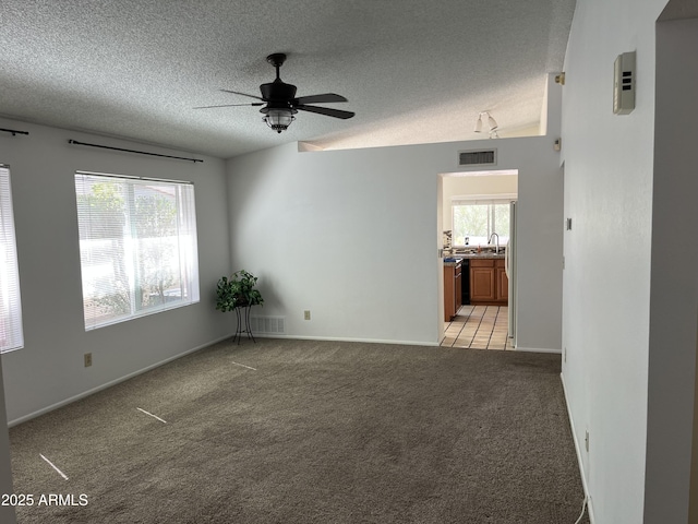 spare room featuring light carpet, a sink, visible vents, and a textured ceiling