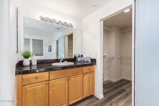 bathroom with wood-type flooring and vanity