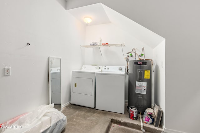 laundry room featuring electric water heater and washer and clothes dryer