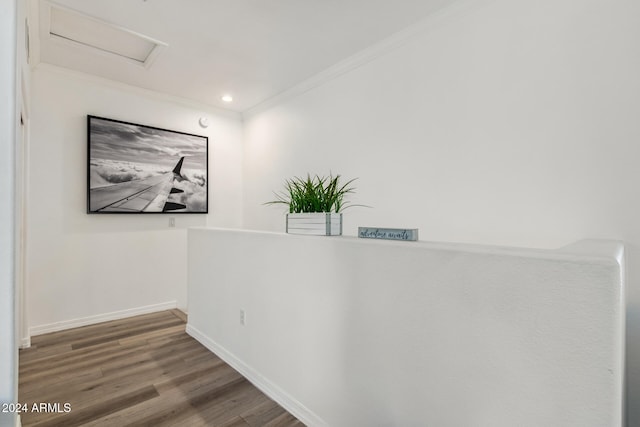 hallway featuring hardwood / wood-style flooring and crown molding