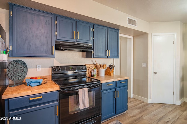 kitchen with blue cabinetry, black electric range oven, and light hardwood / wood-style flooring