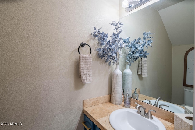 bathroom with vanity and lofted ceiling