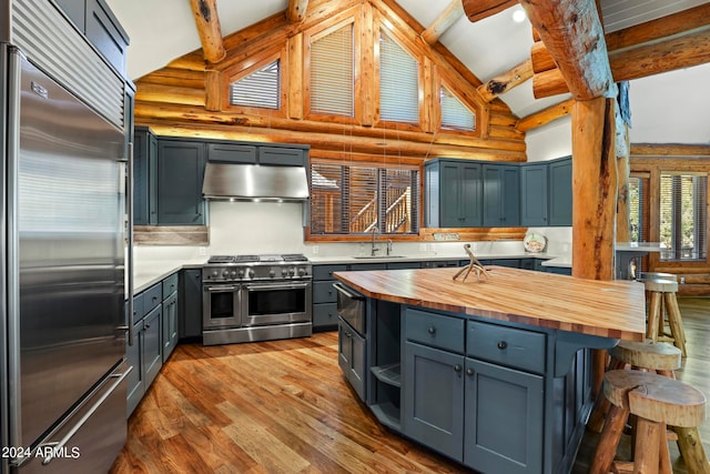 kitchen featuring log walls, lofted ceiling with beams, premium appliances, light hardwood / wood-style floors, and butcher block counters