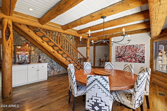 dining area with an inviting chandelier, dark wood-type flooring, and beamed ceiling