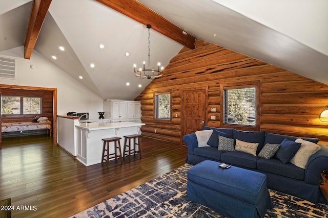 living room featuring a chandelier, dark wood-type flooring, sink, and beamed ceiling