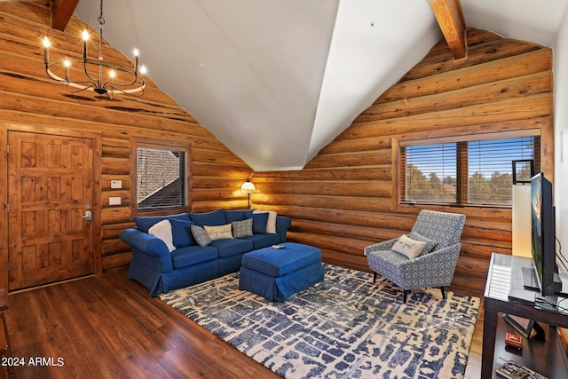 living room featuring a notable chandelier, rustic walls, dark hardwood / wood-style floors, and lofted ceiling with beams