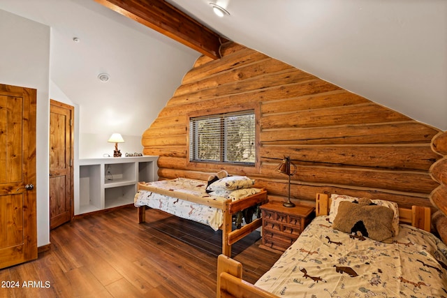 bedroom with log walls, dark hardwood / wood-style floors, and lofted ceiling with beams