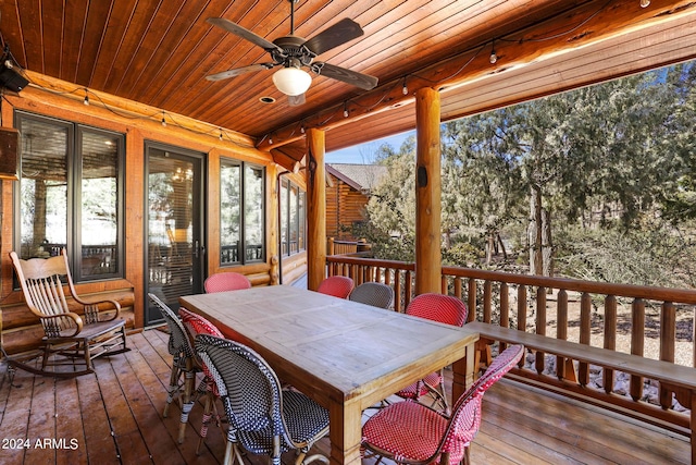 sunroom featuring wooden ceiling and ceiling fan