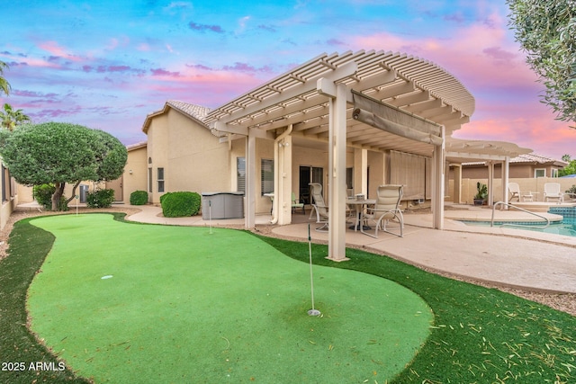 view of community featuring a fenced backyard, a swimming pool, a patio area, and a pergola