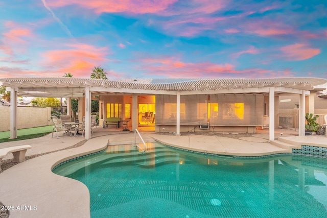 pool at dusk with a patio, an outdoor pool, fence, and a pergola