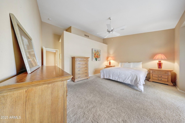 bedroom featuring visible vents, carpet, a ceiling fan, and lofted ceiling