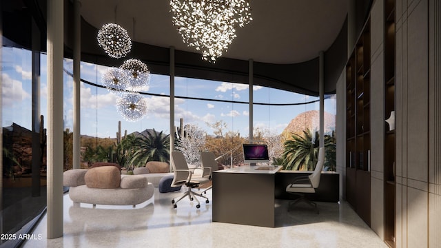 home office featuring plenty of natural light, a notable chandelier, and expansive windows