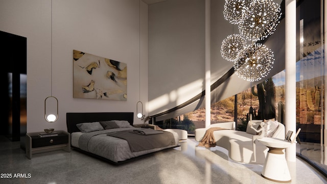 bedroom with an inviting chandelier and a towering ceiling