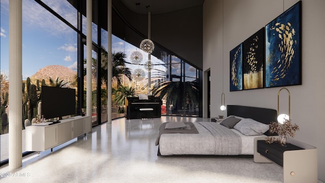 bedroom featuring a towering ceiling