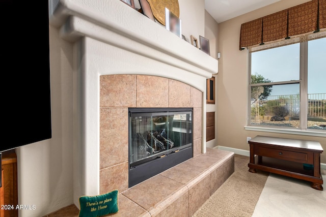 details featuring baseboards and a tiled fireplace