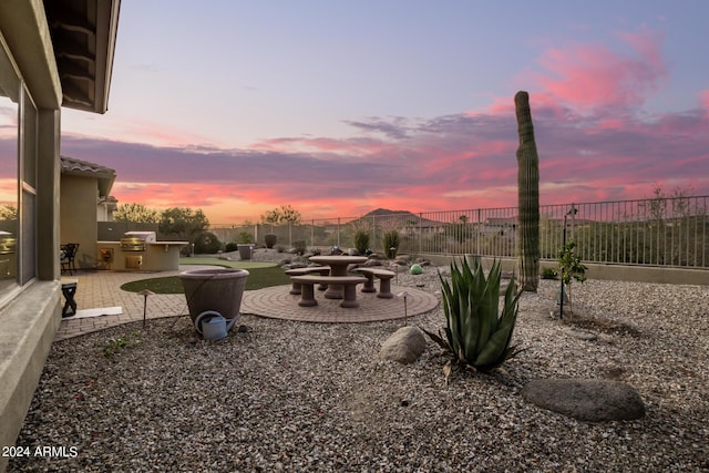 view of yard featuring a patio, an outdoor kitchen, and a fenced backyard