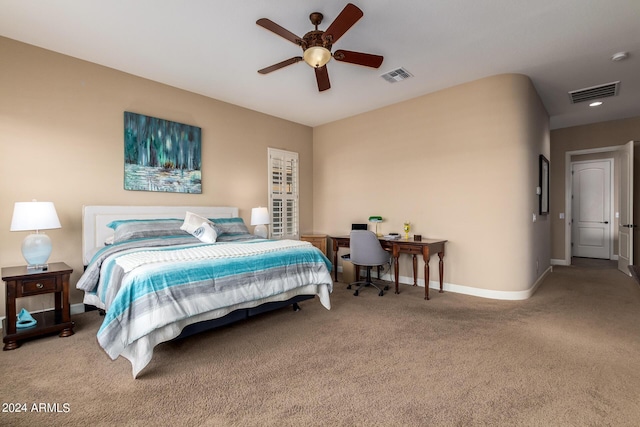 bedroom with visible vents, carpet flooring, a ceiling fan, and baseboards