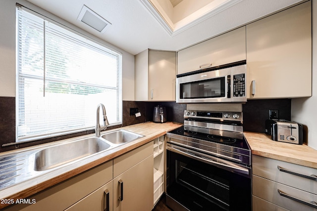 6533 N 10th Pl, Phoenix, AZ 85014 - kitchen with appliances with stainless steel finishes, wooden counters, tasteful backsplash, and a sink