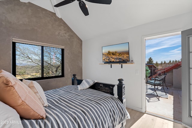 bedroom with multiple windows, access to outside, high vaulted ceiling, and light wood-type flooring