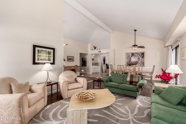 living room with ceiling fan, beam ceiling, wood-type flooring, and high vaulted ceiling