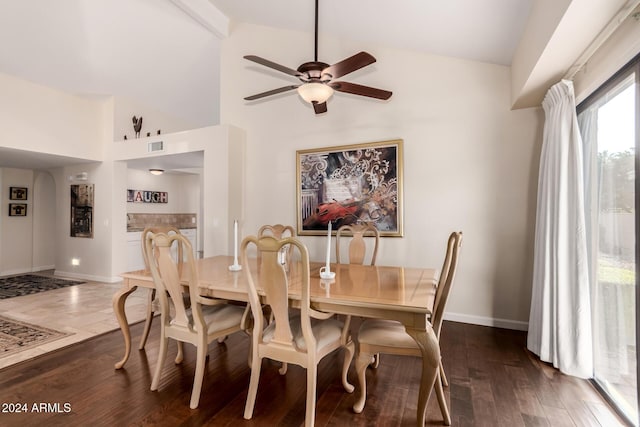 dining room featuring beamed ceiling, dark hardwood / wood-style flooring, high vaulted ceiling, and ceiling fan