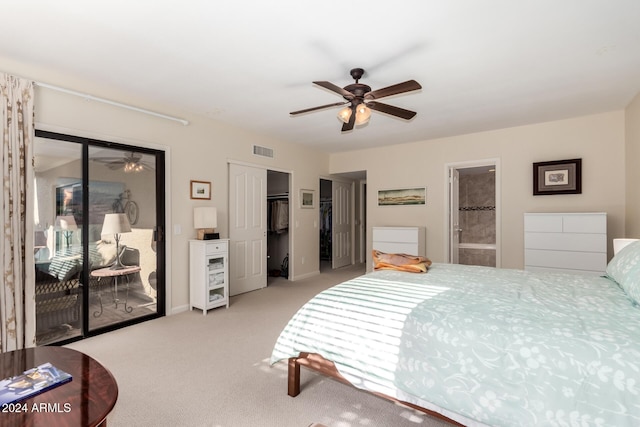 bedroom with access to outside, ensuite bath, ceiling fan, and light colored carpet