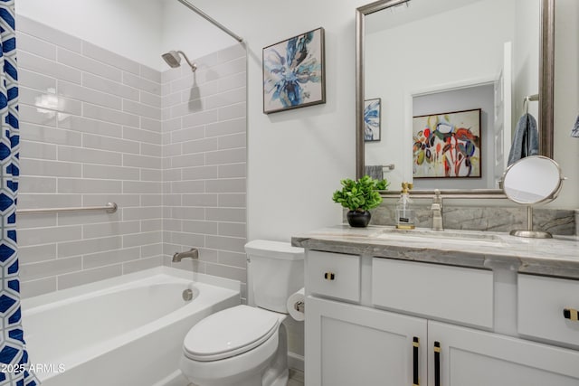 full bathroom featuring shower / bath combination with curtain, vanity, and toilet